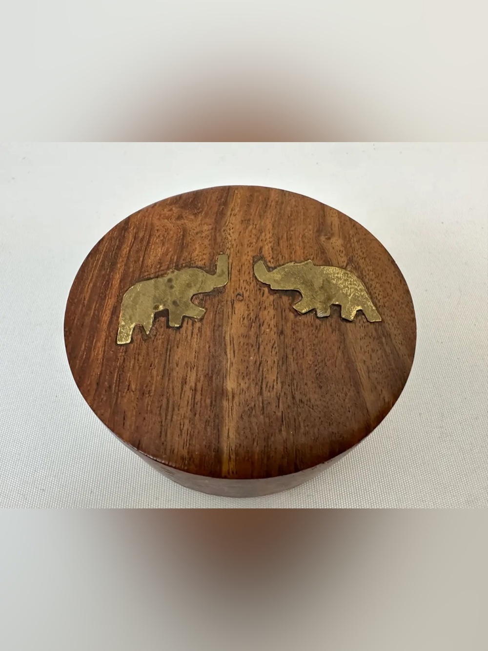 Vintage Handcrafted Sheesham Wood Trinket Box with Brass Elephant Inlay